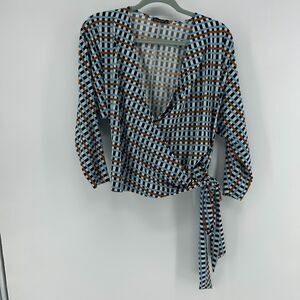 J. McLaughlin Wrap Top Womens XS Catalina Cloth Tie Front Blouse Blue Brown